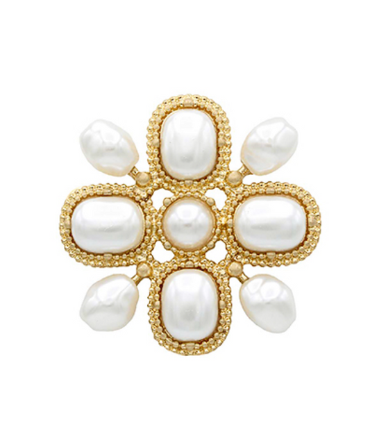 Florentine Bloom Pearl Brooch featuring luminous faux pearls set in textured gold.