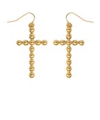 Gold beaded cross drop earrings with a French hook closure, designed for an elegant and meaningful look