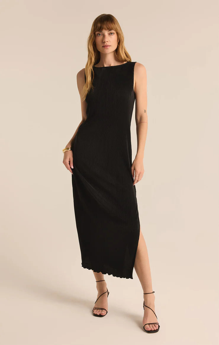 Black sleeveless plissé midi dress with a high neckline, elegant side slit, and a refined textured finish—perfect for formal or casual occasions.