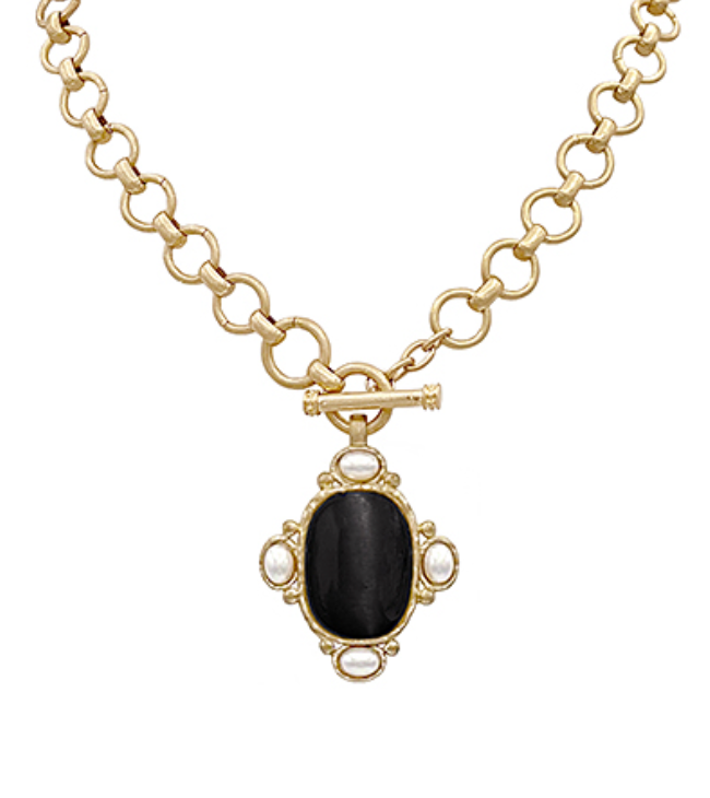 Gold chain necklace with oval Black Gemstone pendant surrounded by faux pearls
