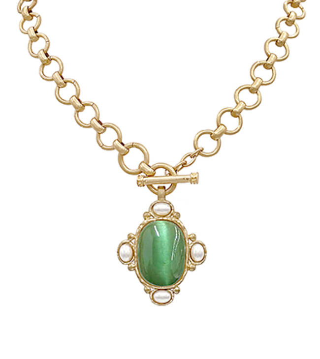 Gold chain necklace with oval Green Gemstone pendant surrounded by faux pearls