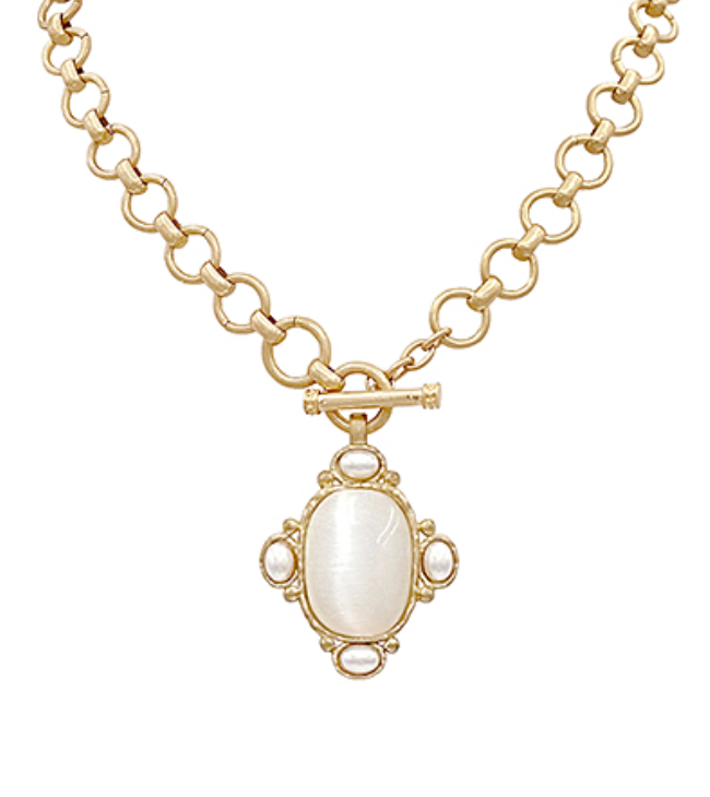 Gold chain necklace with oval White Gemstone pendant surrounded by faux pearls
