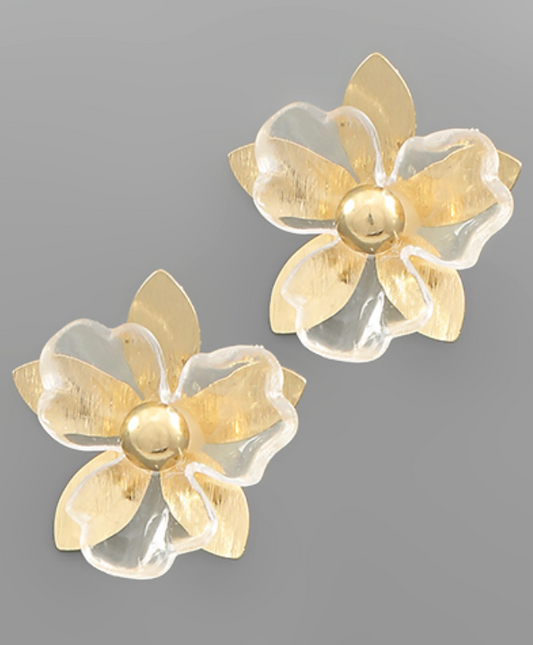 Gilded Bloom Stud Earrings with Layered Gold and Clear Petals