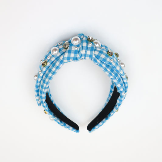  gingham headband with pearl and rhinestone embellishments on a knotted top design