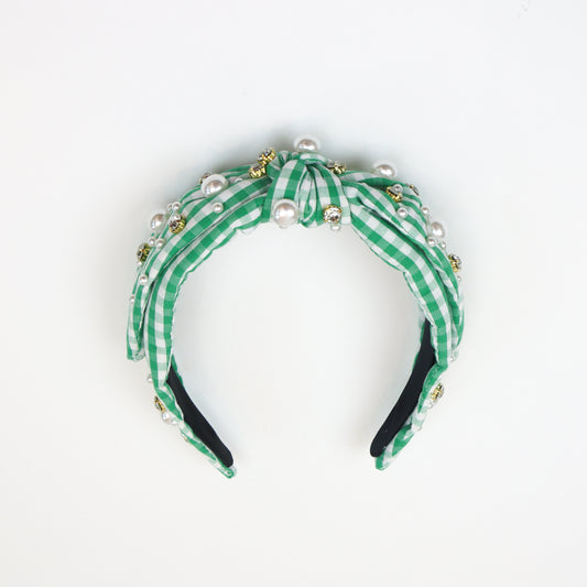  gingham headband with pearl and rhinestone embellishments on a knotted top design