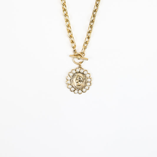 GoldRomanCoinPearlPendantNecklace