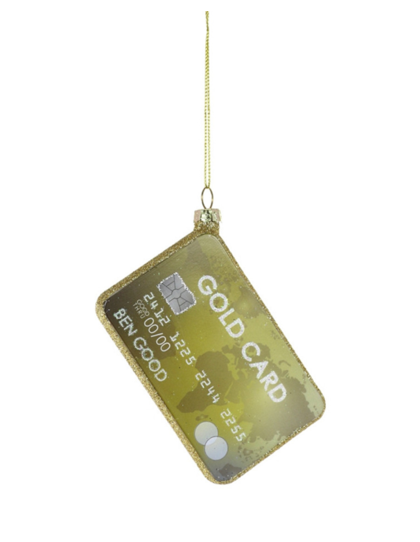 Gold credit card ornament with metallic finish and realistic detailing, hanging luxury holiday decor piece