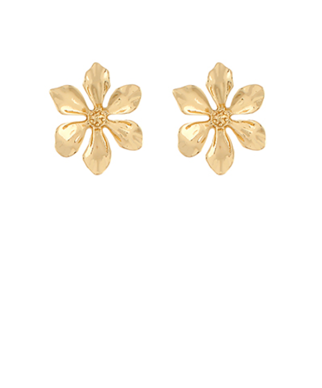 Golden Bloom Stud Earrings featuring a textured, polished gold-toned flower design.