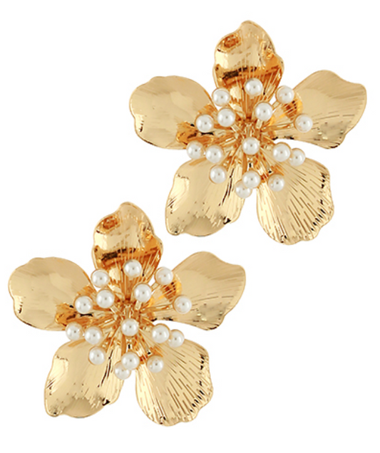 Golden Dewdrop Blossom Stud Earrings with Gold Petals and Pearl Center