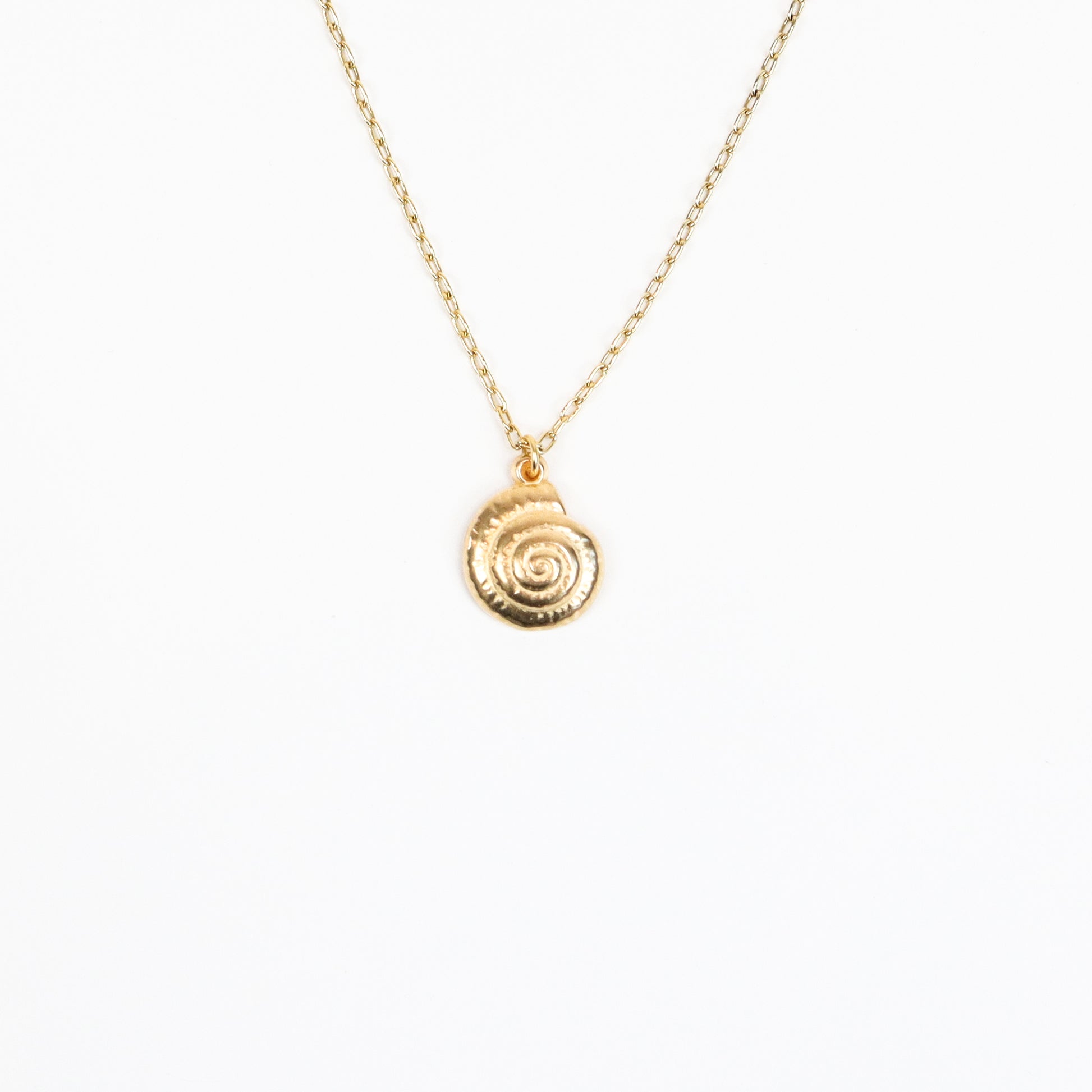  A handcrafted 22K gold-plated necklace featuring a delicately textured nautilus shell pendant, suspended on a fine gold chain, capturing the elegance of oceanic beauty.