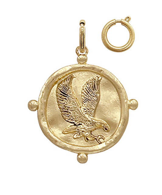 Golden Soaring Eagle Pendant featuring a textured gold eagle in flight within a circular medallion and a clasp.