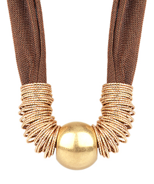 Golden Solstice Statement Necklace featuring a large gold centerpiece sphere, metallic coil accents, and a bronze mesh cord.