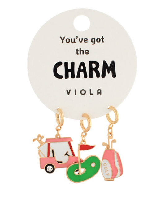 Golf Charm Set – A stylish 3-piece charm collection featuring a pink golf cart, a putting green with a flag, and a chic golf bag, perfect for charm bracelets and necklaces.