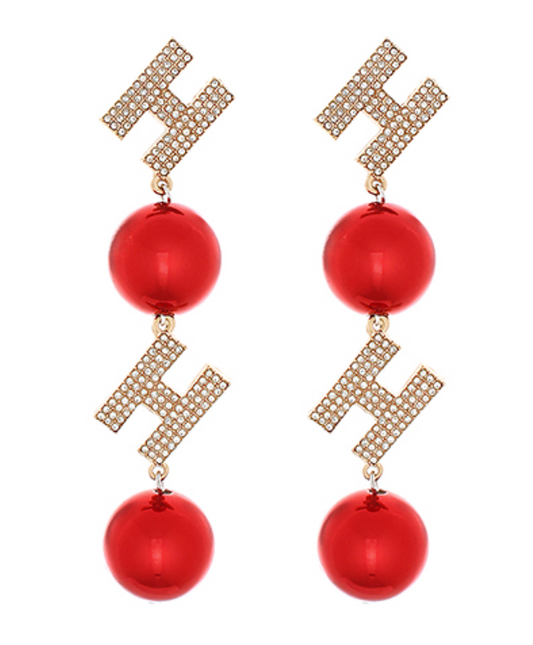 Christmas-inspired Ho-Ho-Holiday Cheer Earrings featuring red balls and sparkling cubic zirconia ‘Ho’ letters in gold-tone and silver-tone finishes.