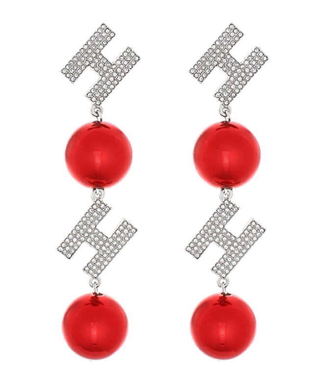 Christmas-inspired Ho-Ho-Holiday Cheer Earrings featuring red balls and sparkling cubic zirconia ‘Ho’ letters in gold-tone and silver-tone finishes.