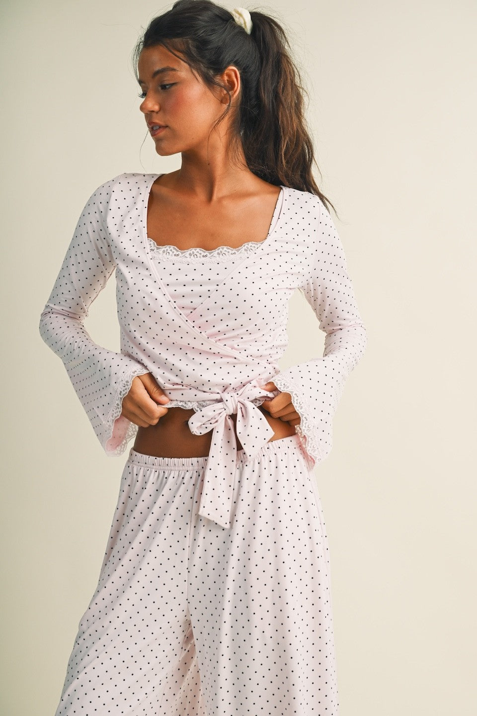 Polka Dot Lace-Trim Wrap Top