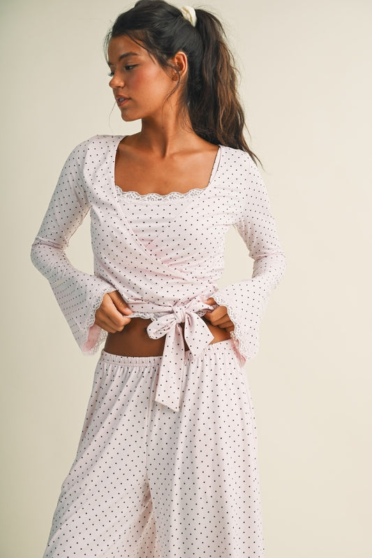 Polka Dot Lace-Trim Wrap Top