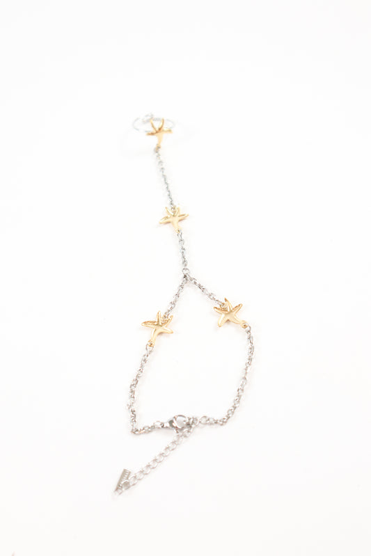 Gold starfish hand chain bracelet with silver chain