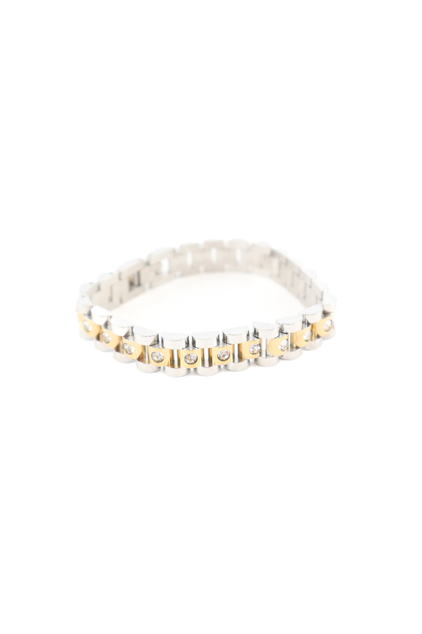 Two-tone gold and silver link bracelet with crystal accents