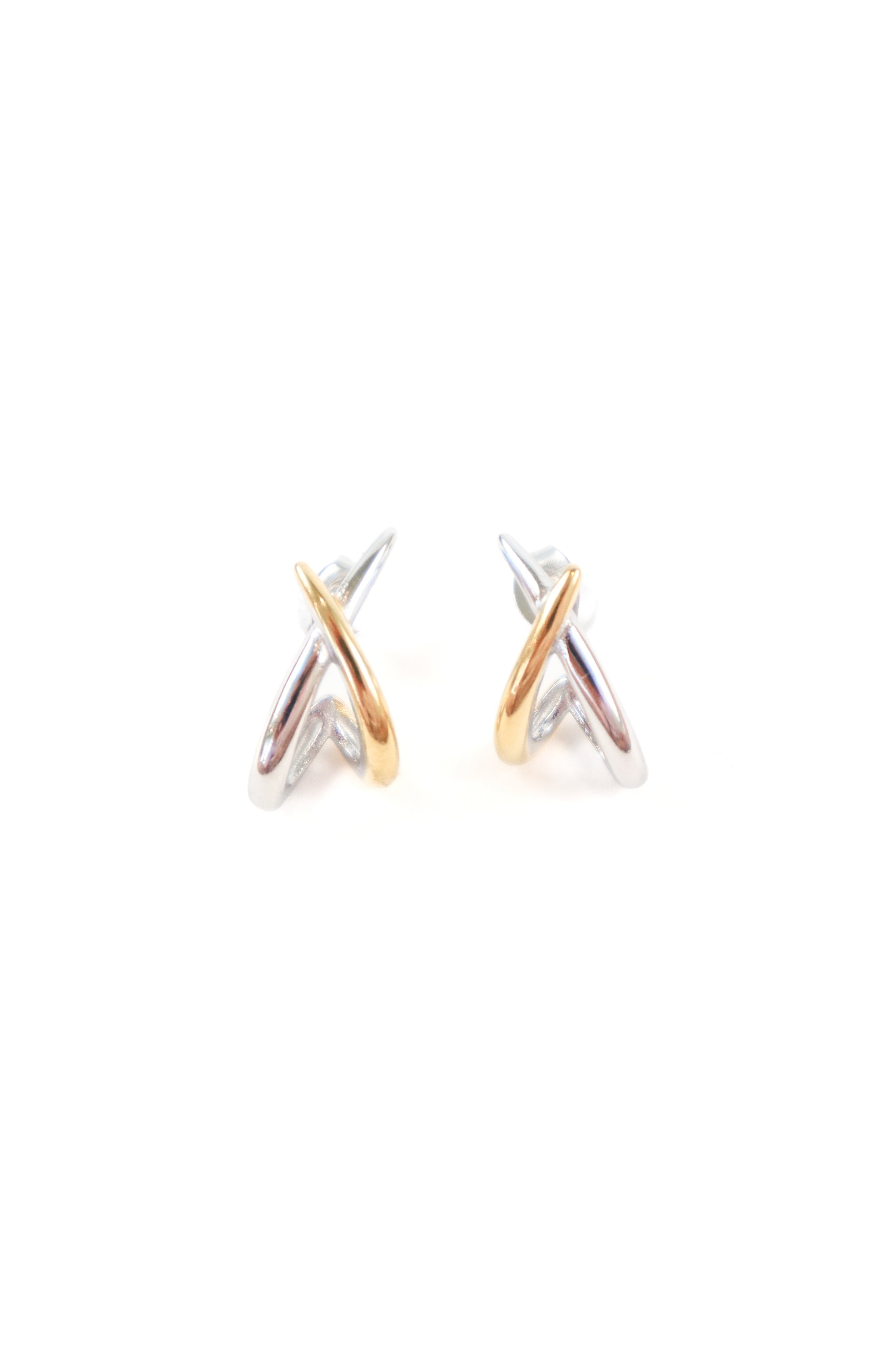 Two-tone gold and silver X-shaped stud earrings with polished crossover design