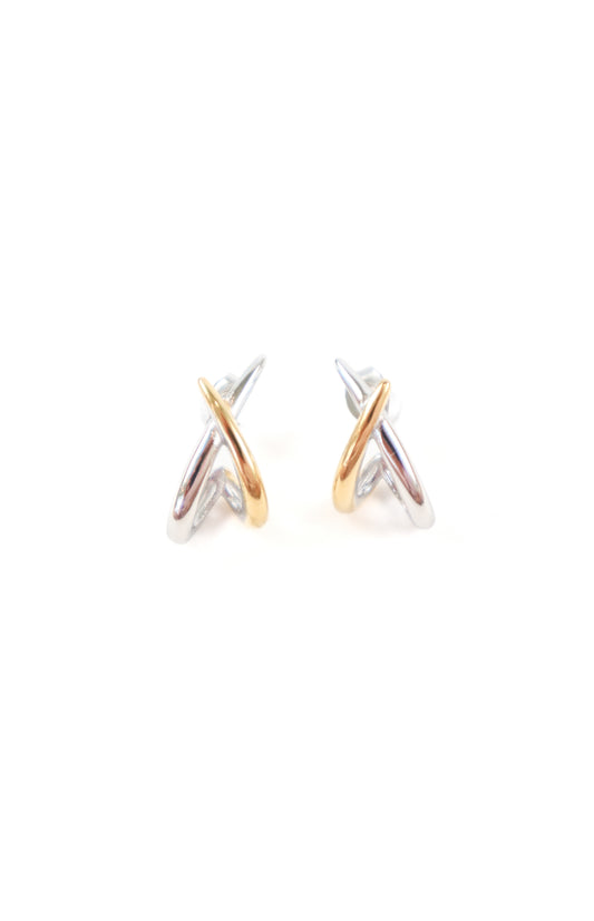 Two-tone gold and silver X-shaped stud earrings with polished crossover design
