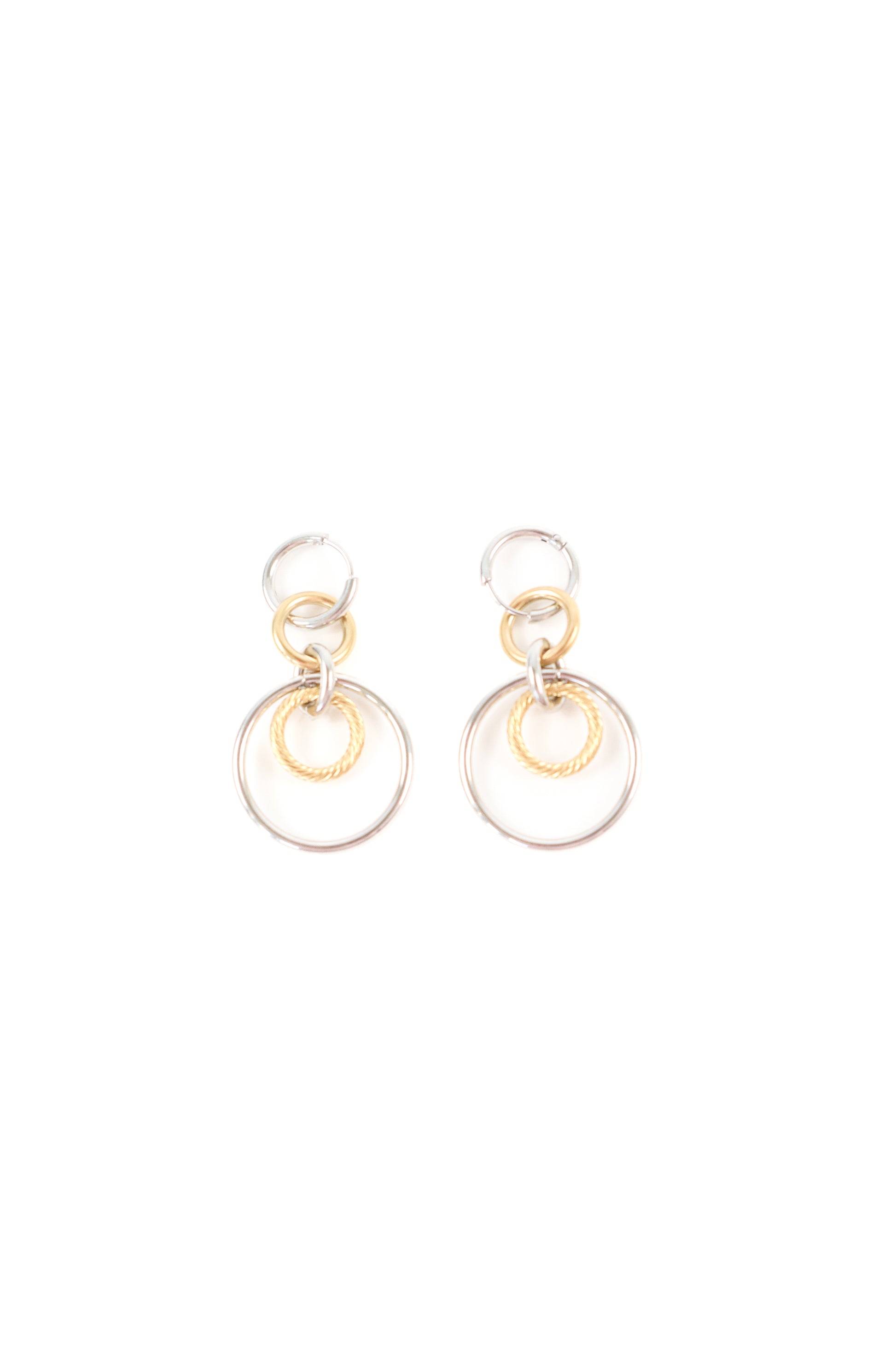 Gold and silver multi-hoop drop earrings with interlocking circular links and textured inner ring detail