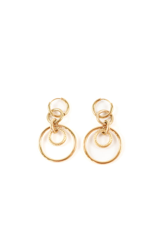 Gold multi-hoop drop earrings with interlocking circular links and textured inner ring detail