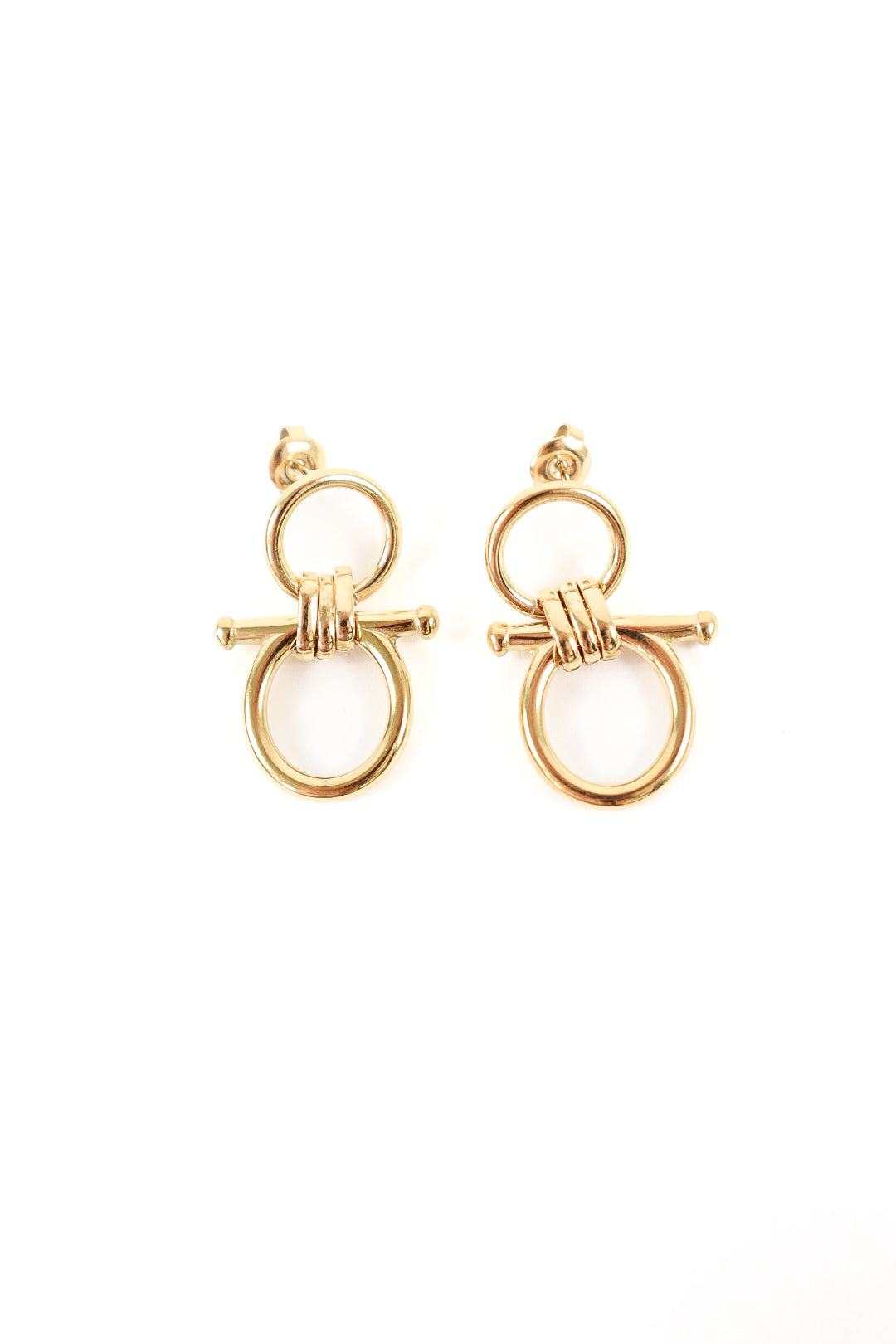 Gold knot drop earrings with interlocking rings and polished gold finish