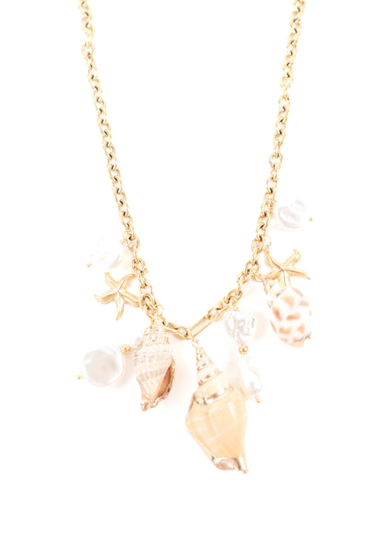 Gold seashell charm necklace with pearl and starfish accents