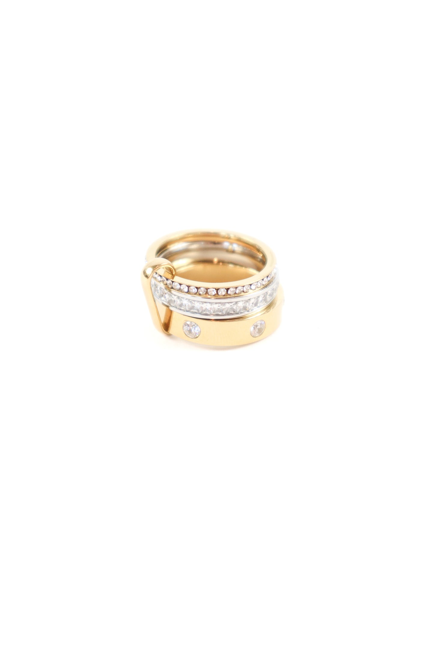 Layered multi-band gold statement ring with pavé crystal accents and inset stones