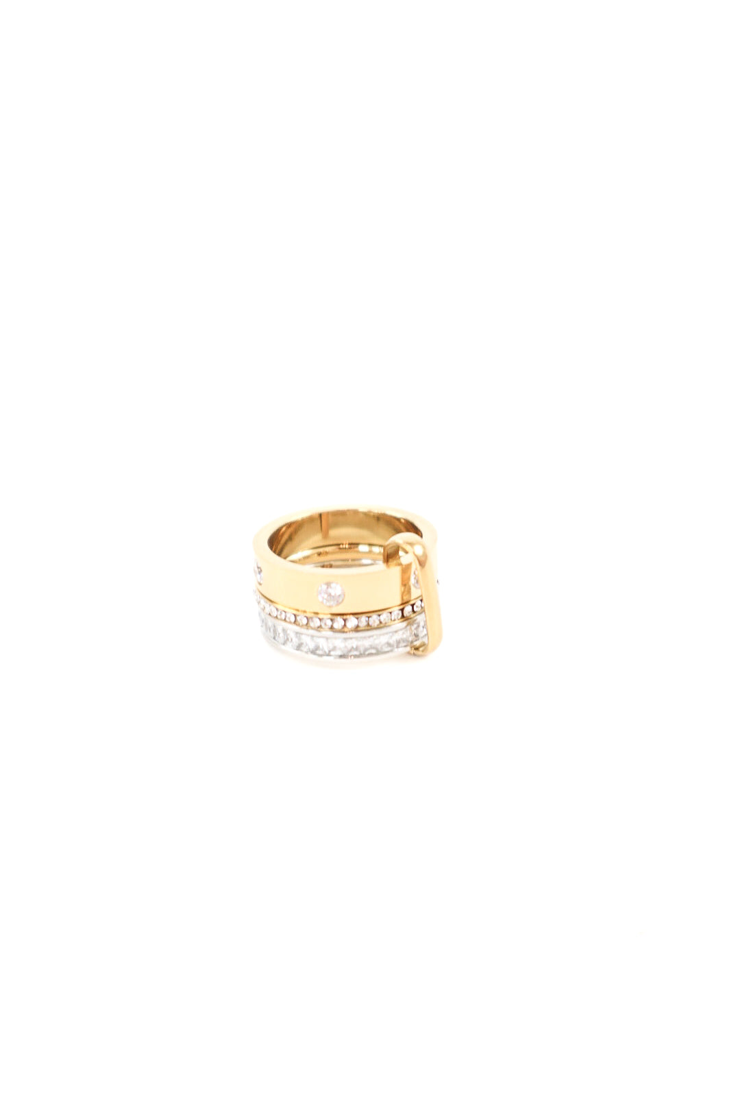 Mixed metal buckle-style ring featuring gold and silver bands with pavé crystal accents