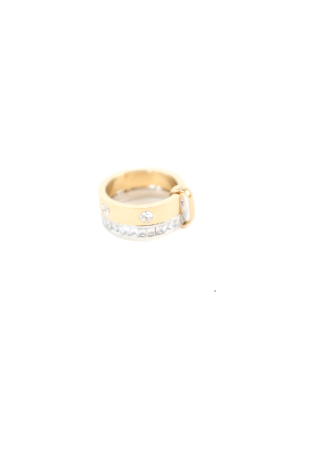 Mixed metal wrap ring featuring gold and silver bands with pavé crystal accents and a modern bar detail