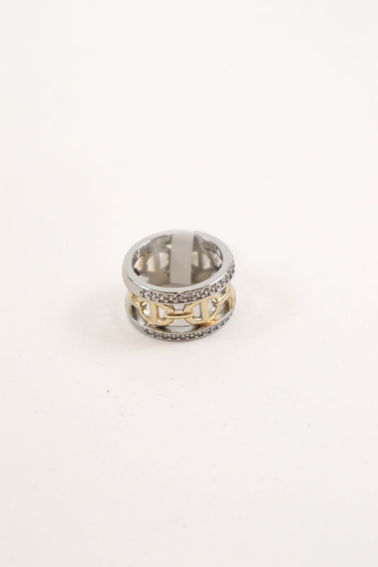 Mixed metal wide band ring with gold link center and crystal trim accents