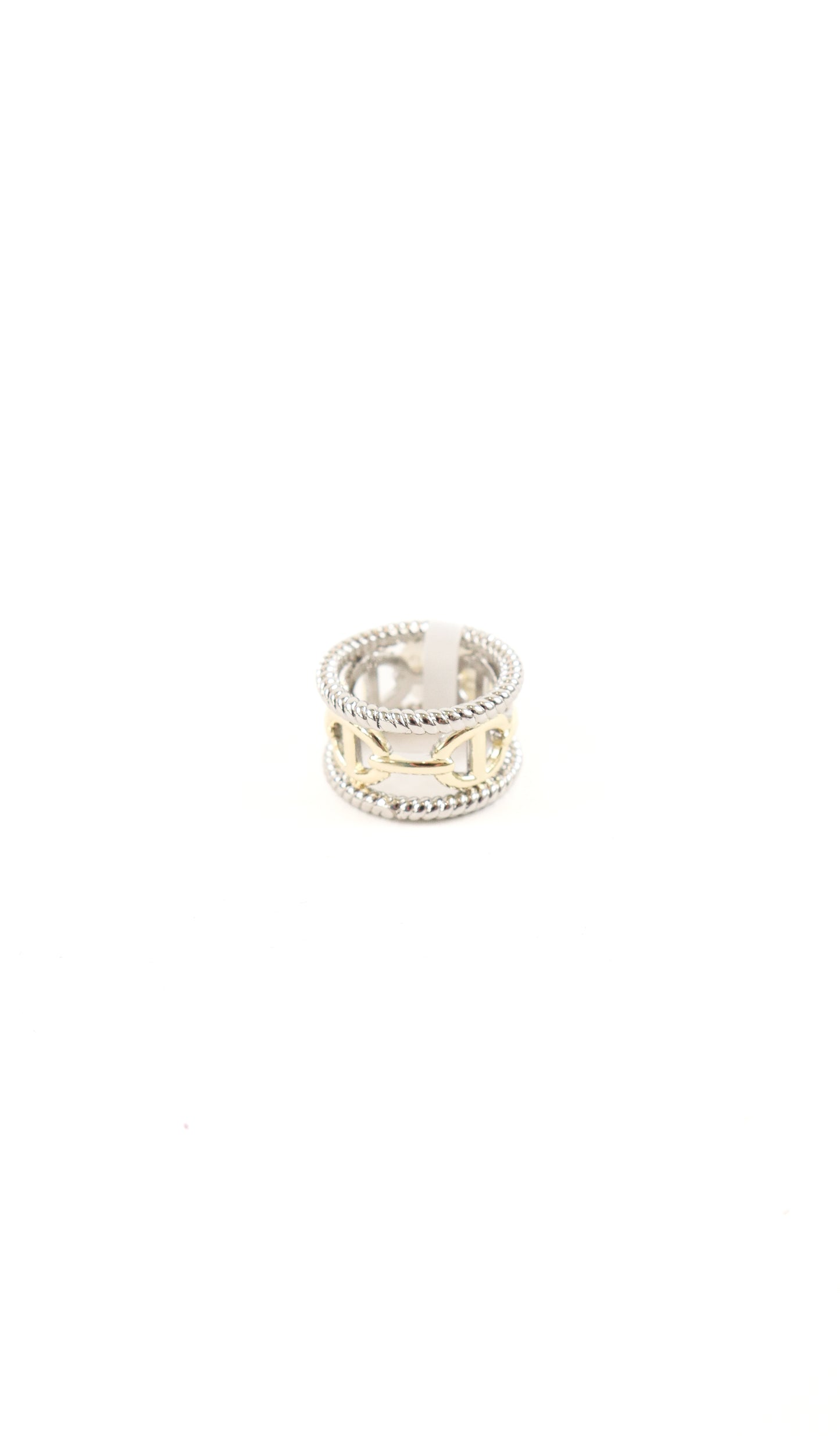 Mixed metal wide band ring with gold link center and silver rope trim edges