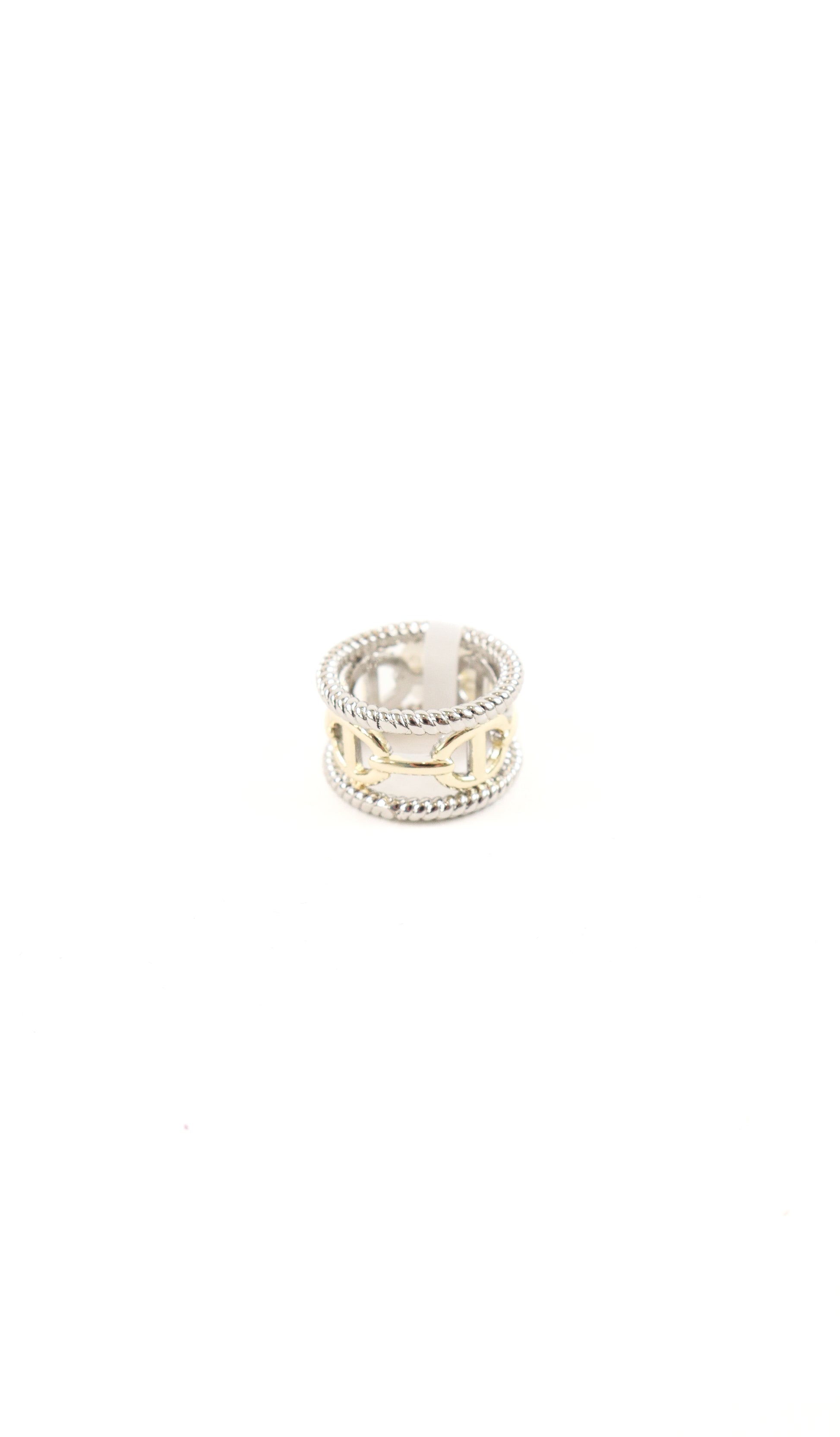 Mixed metal wide band ring with gold link center and silver rope trim edges