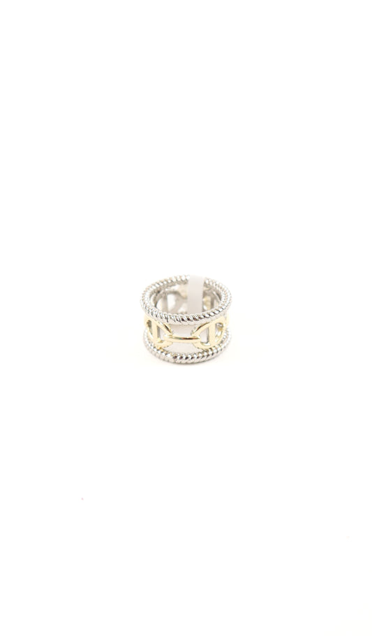 Mixed metal wide band ring with gold link center and silver rope trim edges