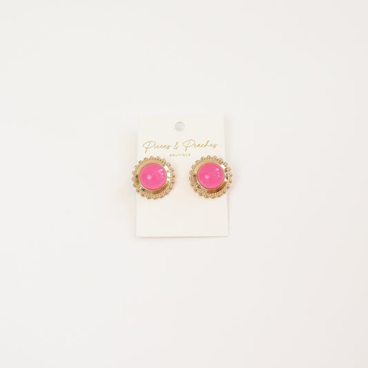 Keep It Timeless Earrings featuring vibrant pink cabochon stones in gold-tone settings