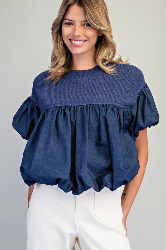 Cecily Knit Yoke Denim Bubble Top featuring a ribbed knit crewneck yoke, cotton chambray-style bodice, dramatic bubble sleeves, and gathered balloon hem