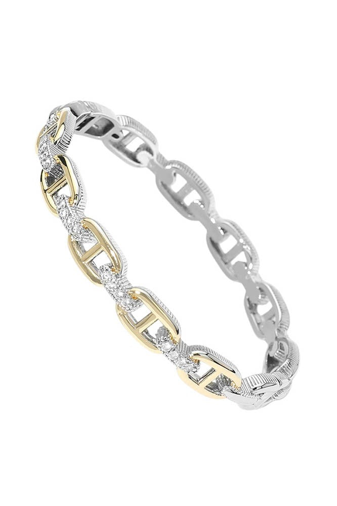 Lena Two Tone CZ Paved Link Hinged Bangle
