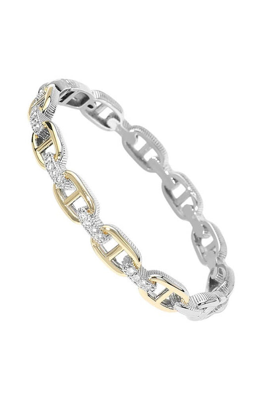 Lena Two Tone CZ Paved Link Hinged Bangle
