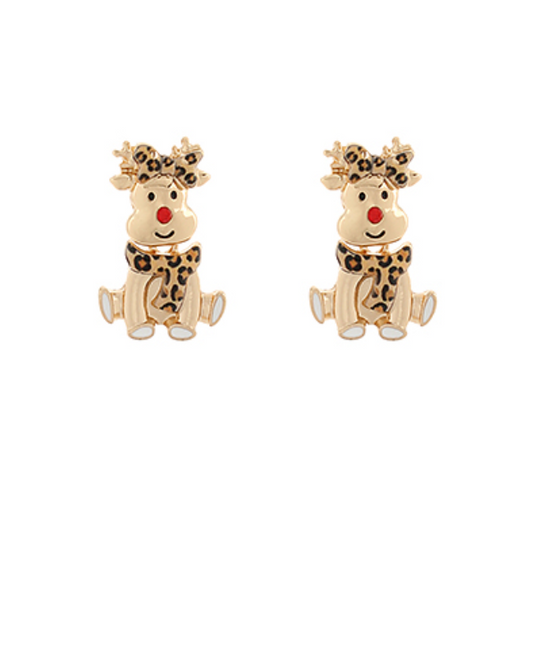 Leopard Print Reindeer Earrings featuring a cute reindeer design with a leopard print scarf, red nose, and gold accents. Perfect for the holiday season!