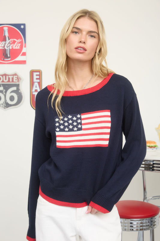 navy American flag knit sweater with red trim and long sleeves