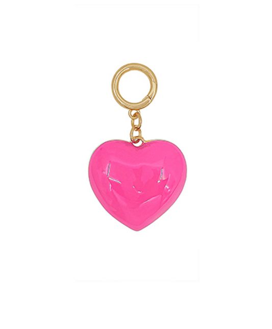Pink enamel heart charm with gold clasp on white background — stylish heart pendant accessory.