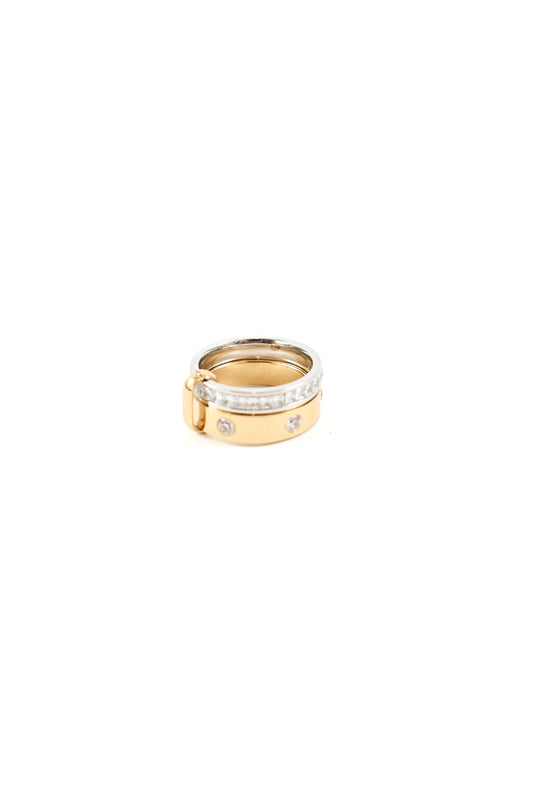 Two tone gold band ring with crystal channel and pavé accents