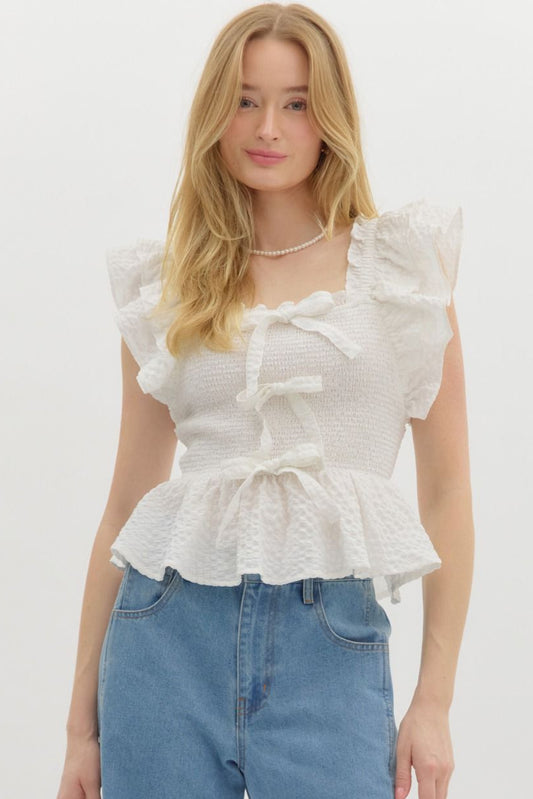 Luna – A Sweet & Textured Smocked Flutter Sleeve Top