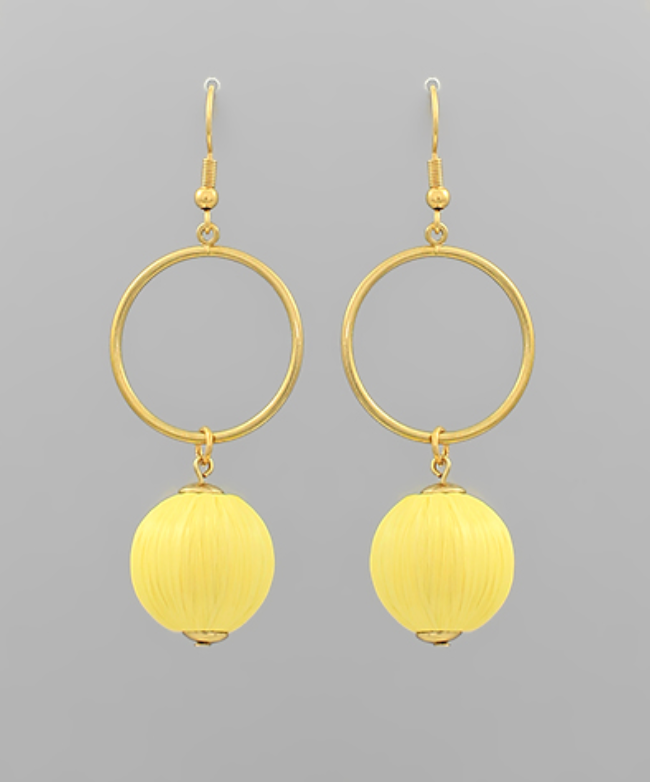Luna Hoop Straw Ball Drop Yellow Earrings with Gold Hoops