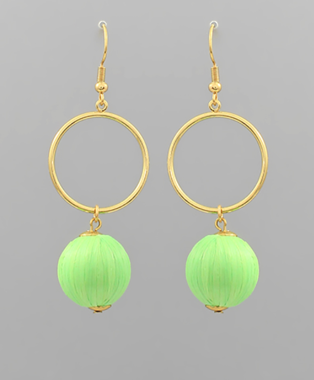 Luna Hoop Straw Ball Drop Green Earrings with Gold Hoops