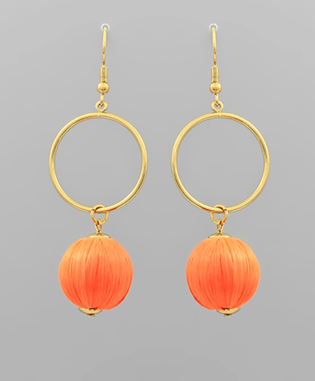 Luna Hoop Straw Ball Drop Orange Earrings with Gold Hoops