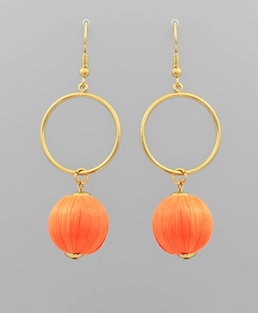 Luna Hoop Straw Ball Drop Orange Earrings with Gold Hoops