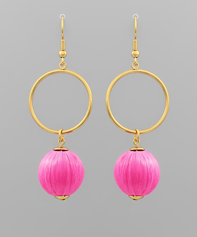 Luna Hoop Straw Ball Drop Fuchsia Earrings with Gold Hoops